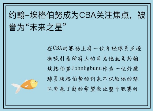 约翰-埃格伯努成为CBA关注焦点，被誉为“未来之星”