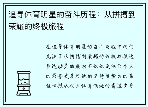 追寻体育明星的奋斗历程：从拼搏到荣耀的终极旅程