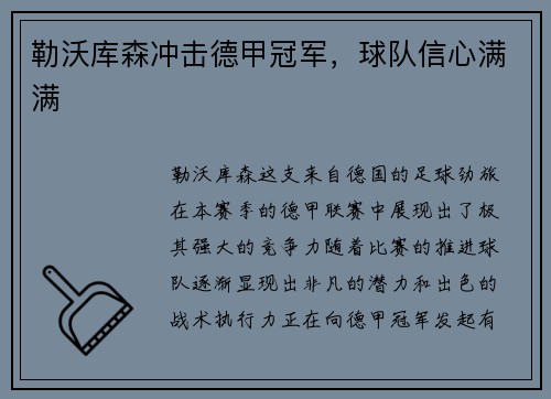 勒沃库森冲击德甲冠军，球队信心满满